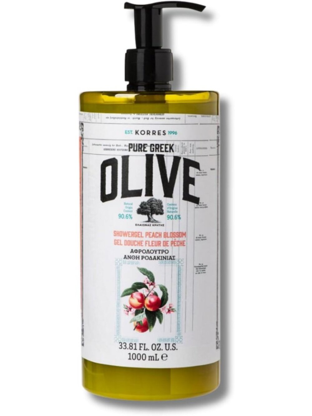 Pure Greek Olive Shower Gel - Peach Blossom Scent, 33.8 Fl Oz, Hydrating